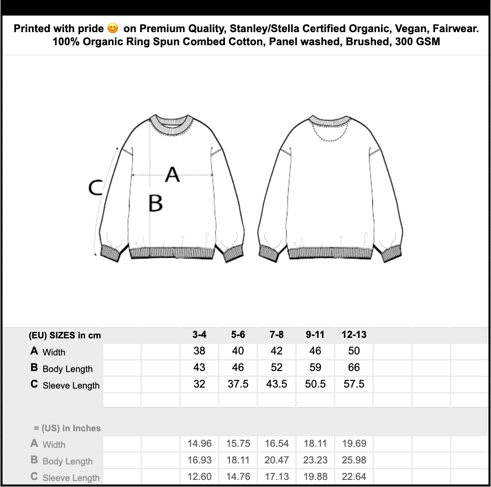 Size Chart: Moher A1 Organic Kid Sweatshirt